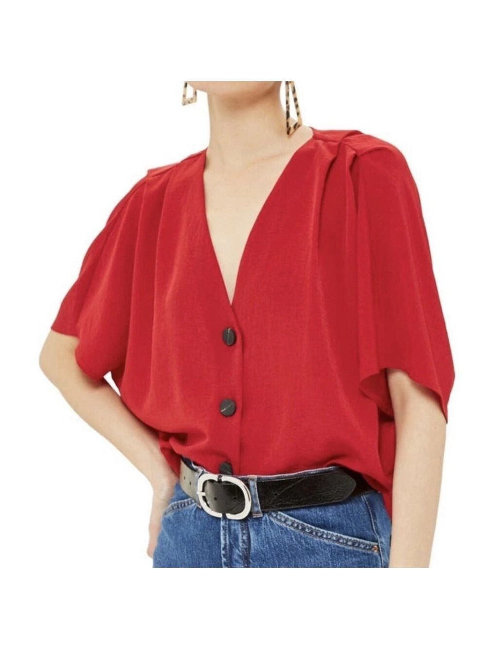 Topshop Pleat Shoulder Button Down Blouse Size 8 Red EUC